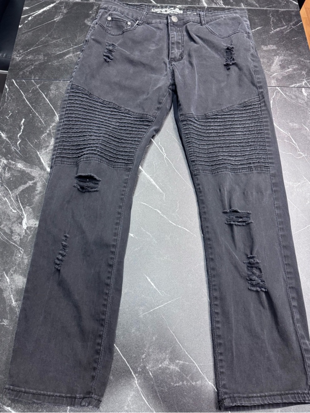 Denim Culture Black Moto Jeans Mens 36x30 Slim Straight Ribbed Knee Distressed